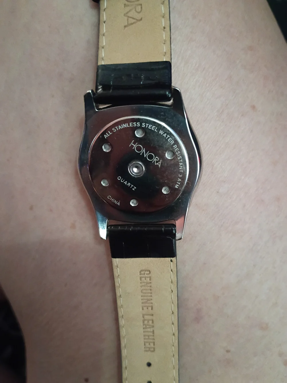 Honora Black Leather Strap Watch with Silver Case and Light Dial
